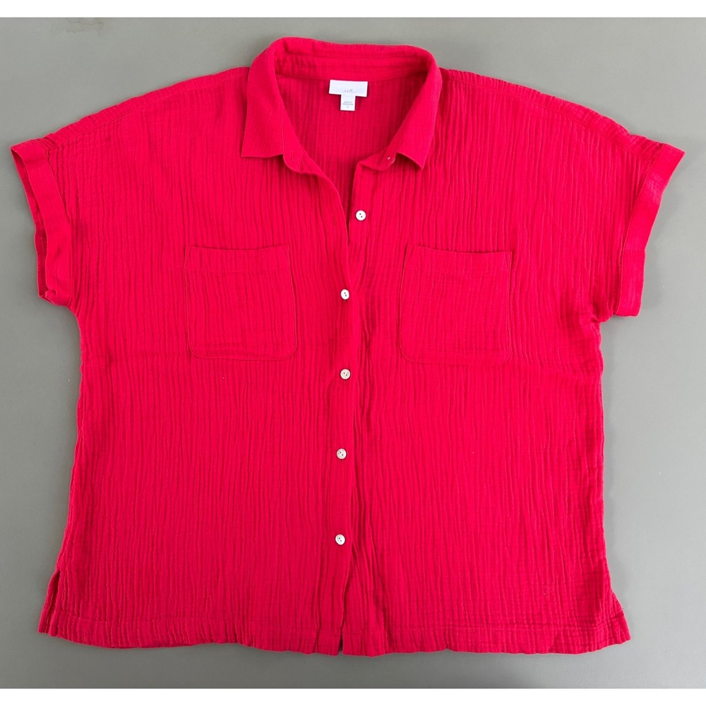 J. Jill Red Crinkle Cotton Double Gauze Short Sleeve Button Down Shirt Large